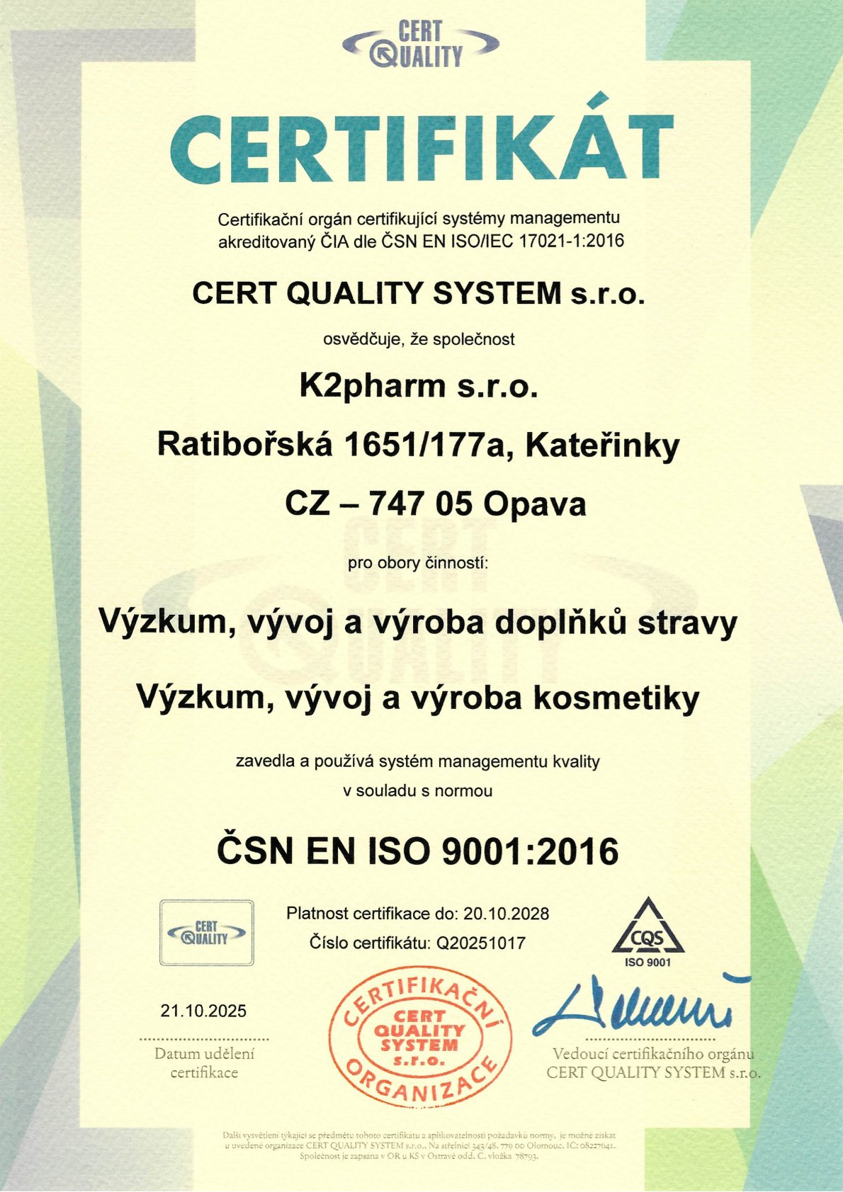 Certifikát ISO9001_Cert Quality_DS a Kosmetika_CZ